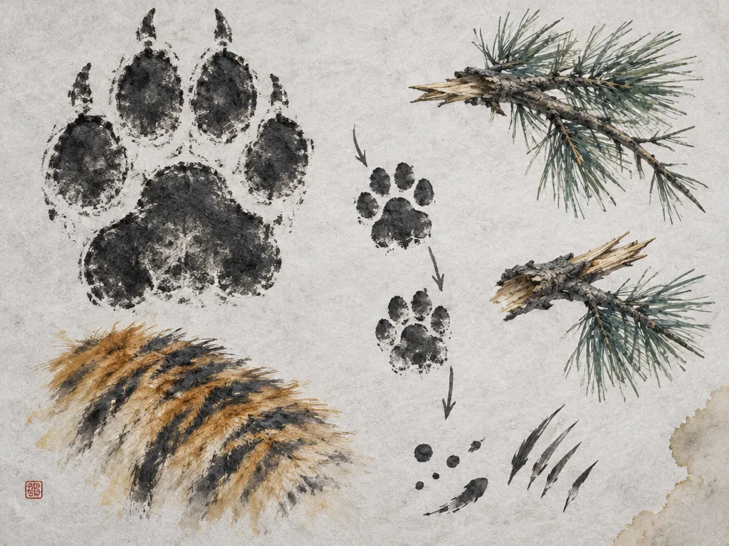 Sketsa tinta tapak harimau, ranting patah, dan seberkas bulu bergaris