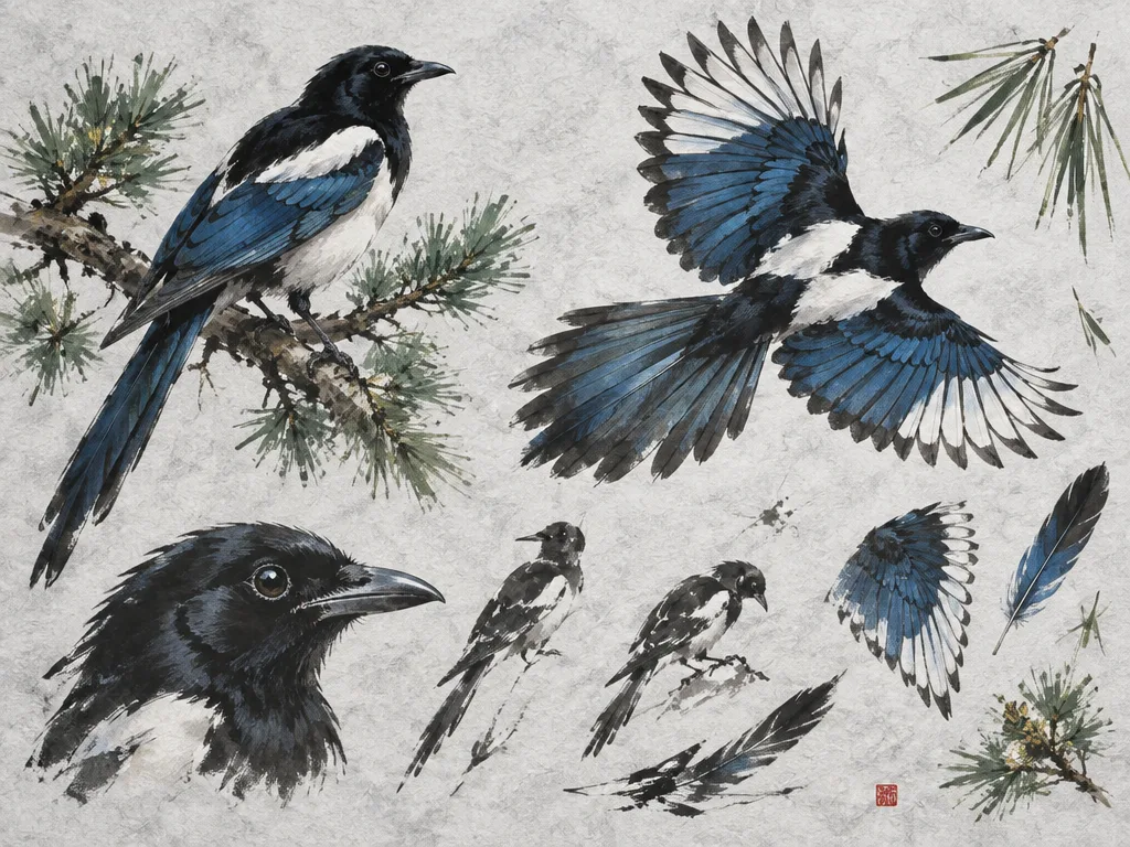 Sketsa tinta beberapa pose magpie, bertengger di ranting pinus dan terbang