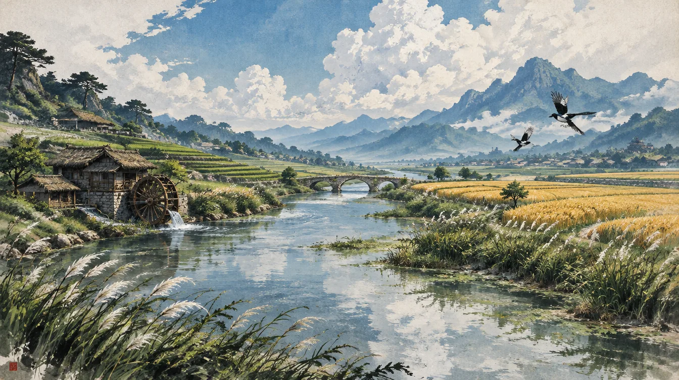 Sungai lebar membelah sawah bertingkat dan ladang barli, kincir air di tepi kiri